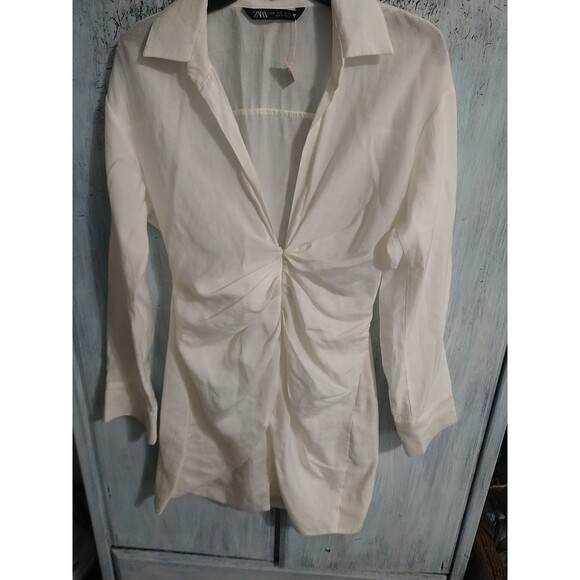 Zara V Neck Knee Length Collared Dress Small White Boho Y2K Classic - Picture 2 of 7